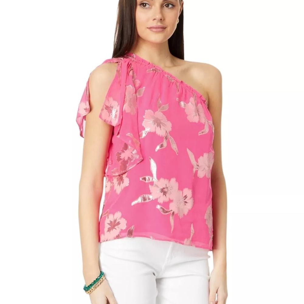 Lilly Pulitzer Sarahleigh One Shoulder Roxie Pink Anniversary Silk Top Size XS